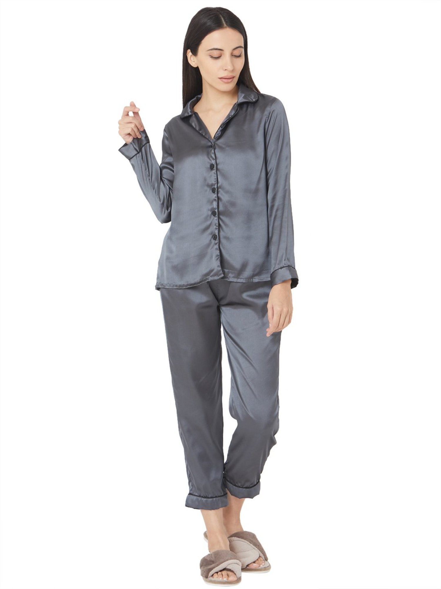 Smarty Pants Dark Grey Satin Print Shirt With Pyjamas