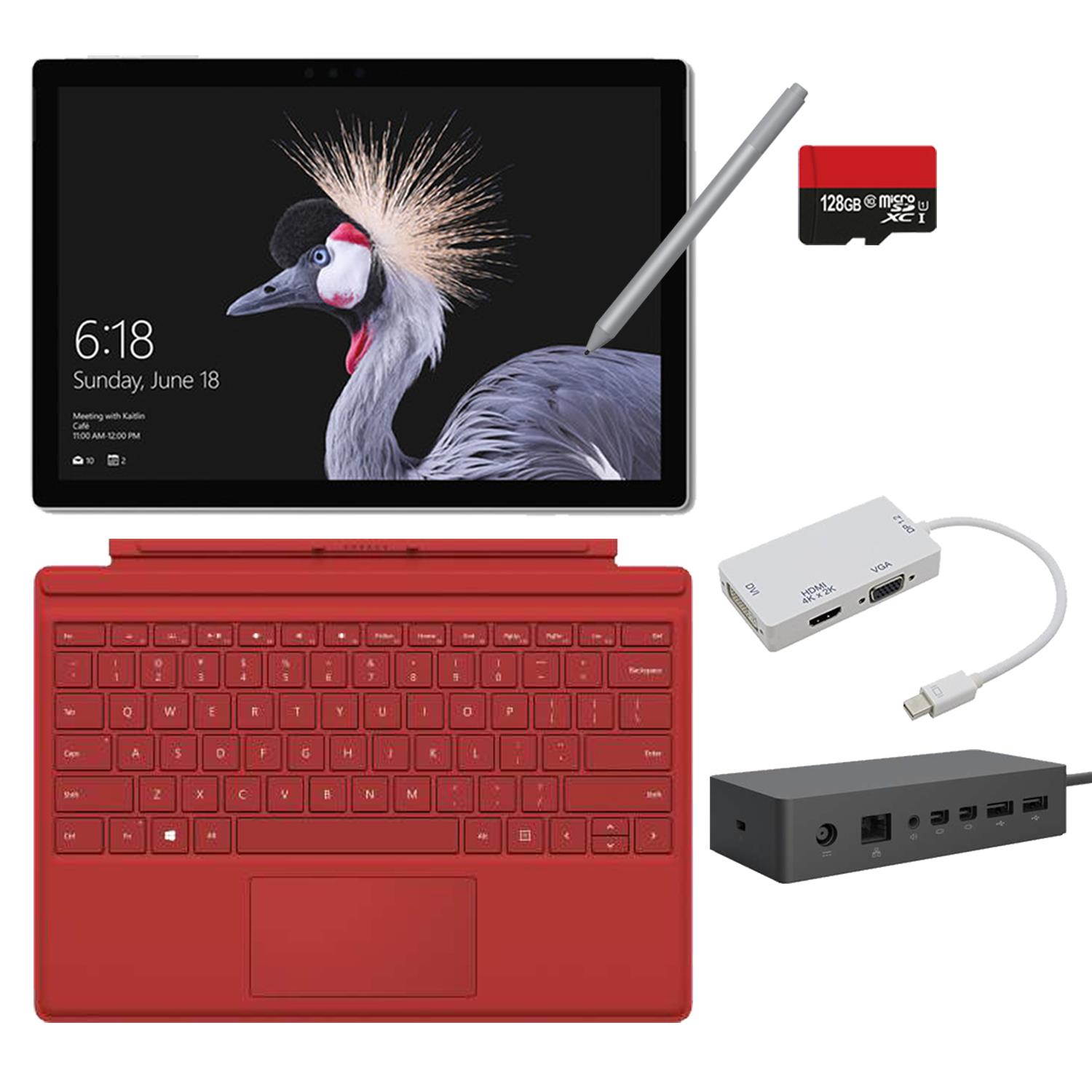 2017 New Surface Pro Bundle (6 Items): Core i5 4GB RAM 128GB Tablet, Red Type Cover (2016), New Surface Pen Platinum, Surface Dock, 128GB Micro SD Card, Mini DisplayPort Adapter