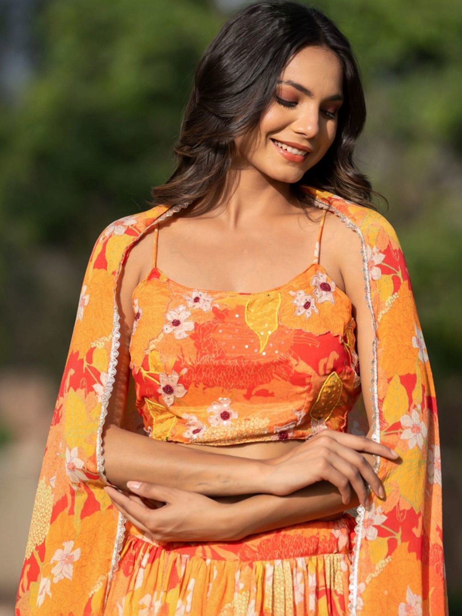 HOUSE OF JAMOTI Orange & Yellow Printed Lehenga Choli Set With Dupatta