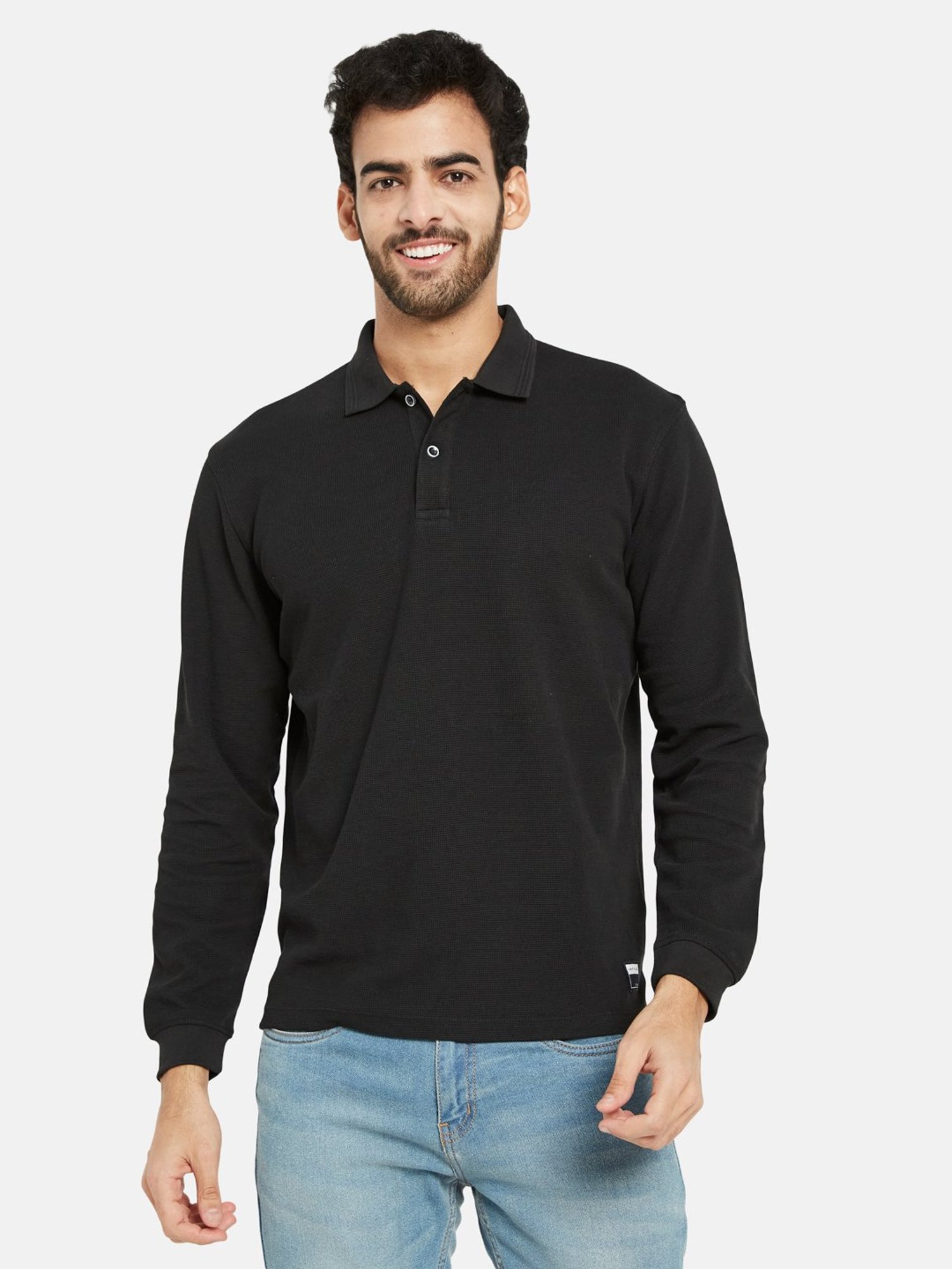 METTLE Black Regular Fit Textured Polo T-Shirt