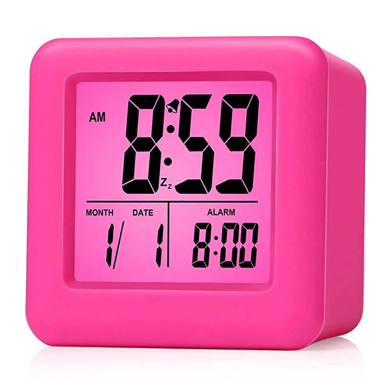 Digital Alarm Clocks Travel Clock with Snooze and Pink Nightlight Easy Setting Clock Display Time Date Alarm Ascending Sound Battery Powered Pink