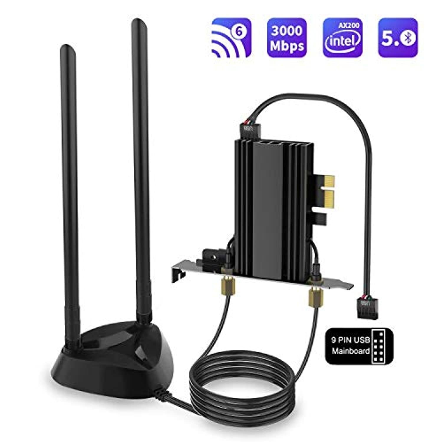 Rocketek WiFi 6 Card,PCIe Network Card Max 3000Mbps with Bluetooth 5.0 Intel AX200 Chip 802.11AX 2.4Ghz/5.8Ghz PCI Express Wi-Fi Adapters Dual Band Antenna for Windows 10 64-bit (RT-WF021-B)