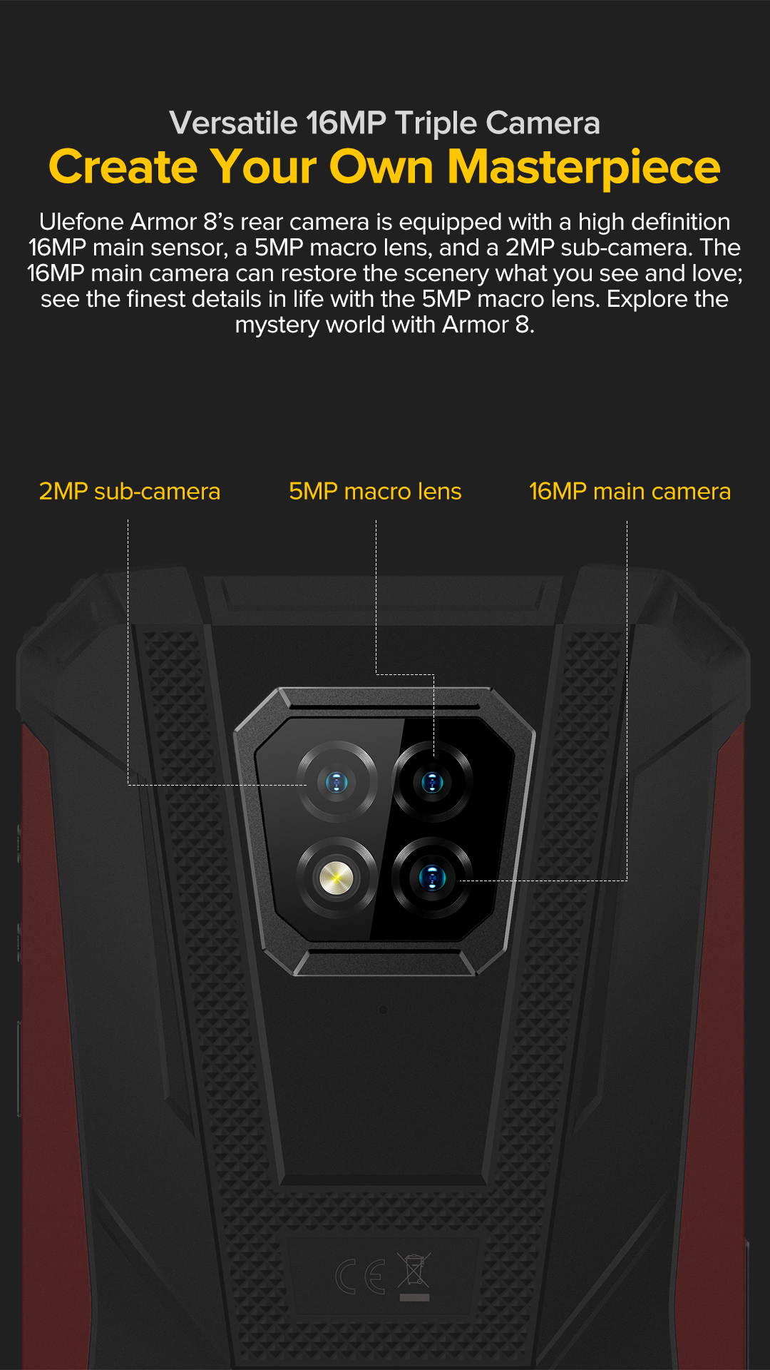 Ulefone Armor 8 Rugged Phones Unlocked, Helio P60 Octa-core 4GB + 64GB Android Phone Unlocked, 16MP Triple Rear Camera + 8MP Front Camera, 6.1" HD+ 5580mAh Battery Global 4G Unlocked Smartphone