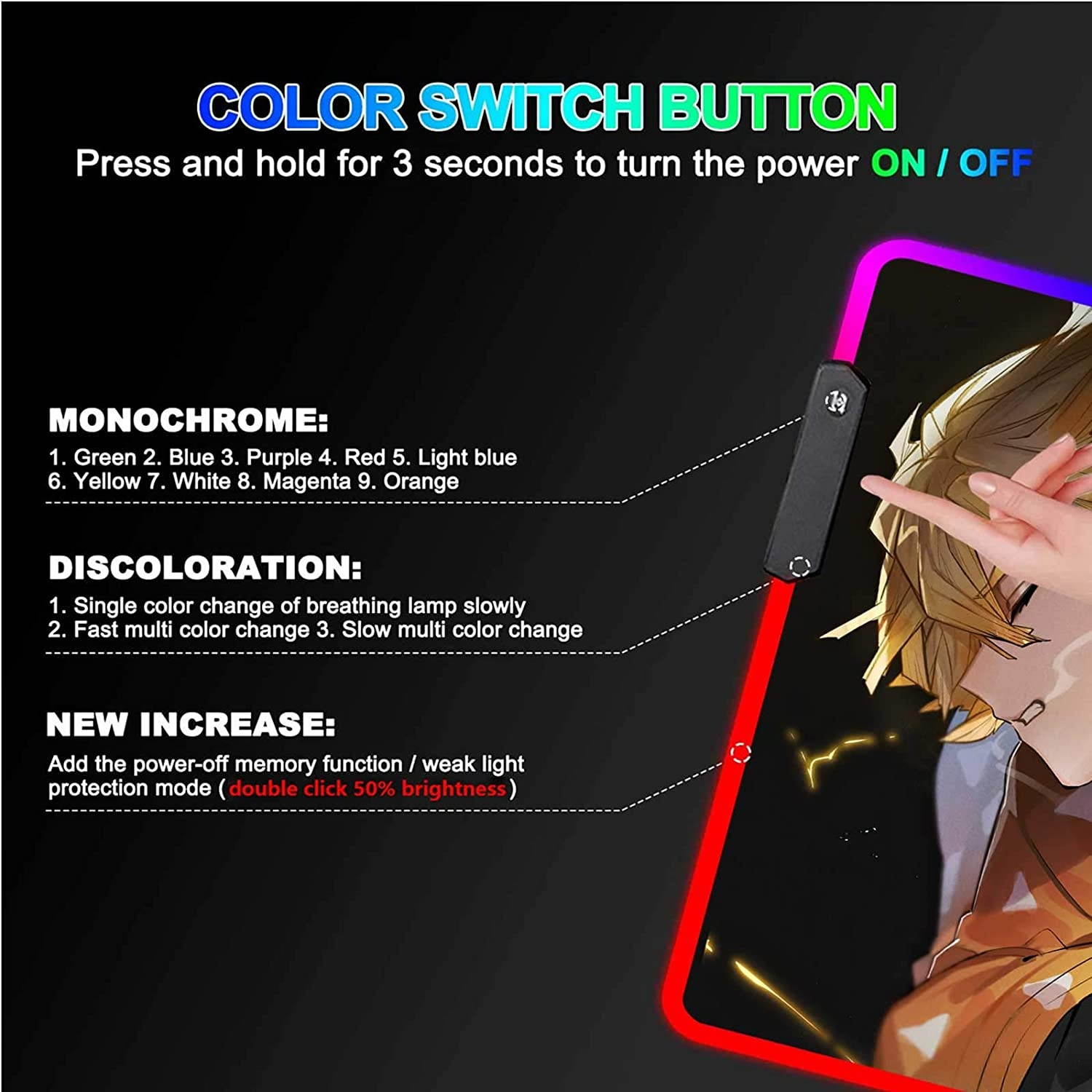 RGB Large Gaming Mouse Mat Anime Demon Slayer Zenitsu Agatsuma Kimetsu No Yaiba,Laptop Desk Pad,Mousepad with Stitched Edge & Non-Slip Rubber Base,Computer Keyboard and Mice Pads Mouse Mat 31.5X11.8