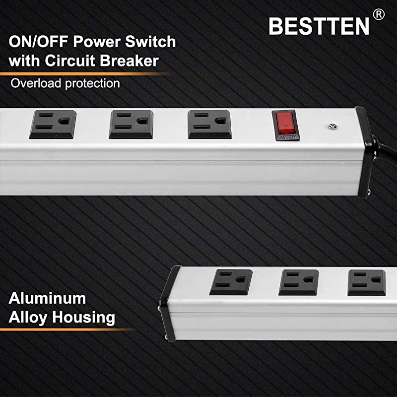 WideSpaced 16Outlet Metal Surge Protector Power Strip with 12ft Long Extension Cord 450 Joules 15A Switch with Circuit Breaker Silver