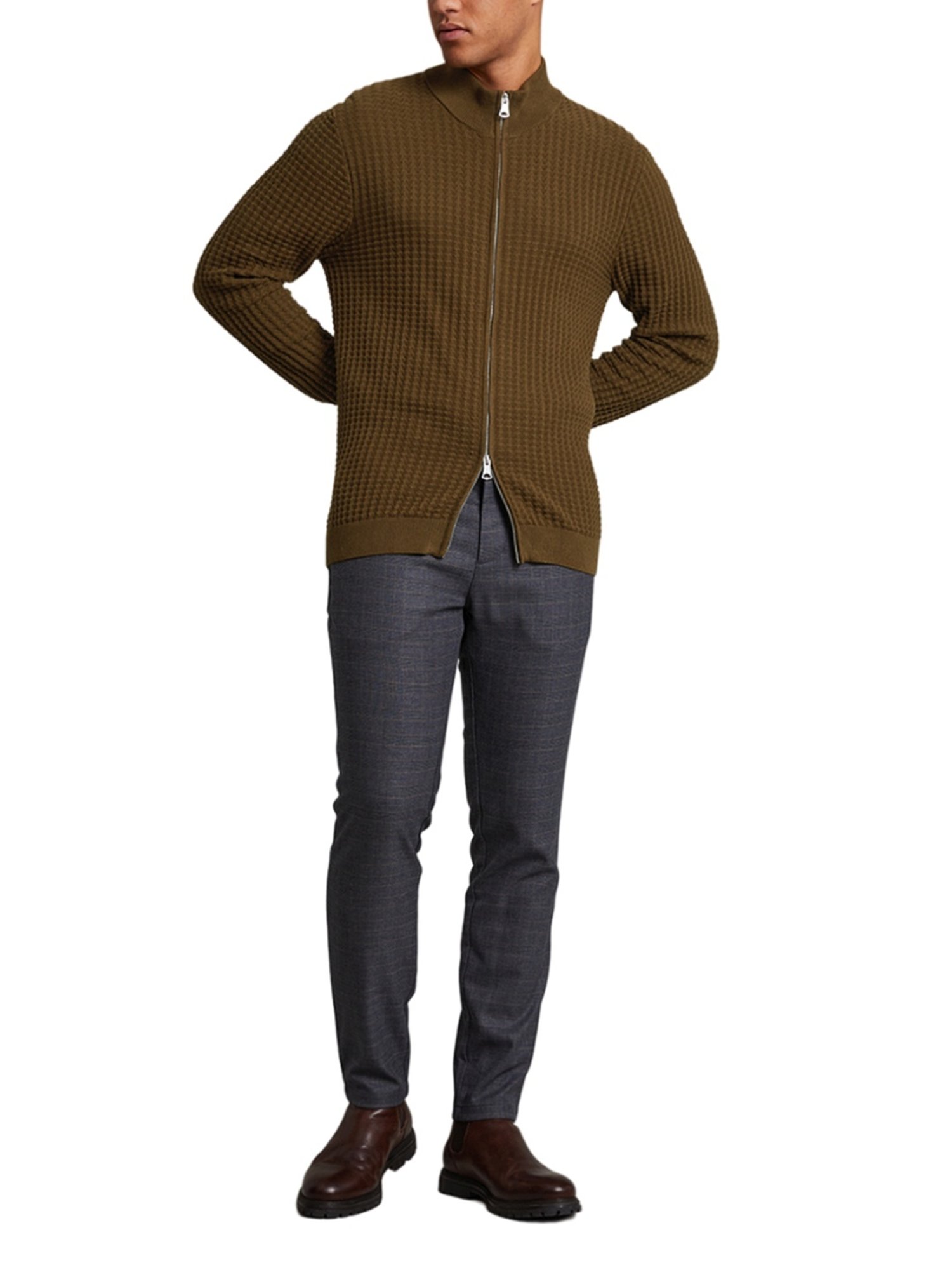 Matinique Brown Cotton Regular Fit Self Pattern Sweaters