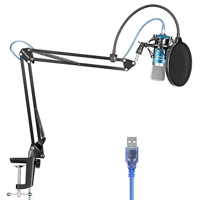 USB Microphone for Windows and Mac with Suspension Scissor Arm Stand Shock Mount Pop Filter USB Cable and Table Mounting Clamp Kit for Broadcasting and Sound Recording Blue and Silver