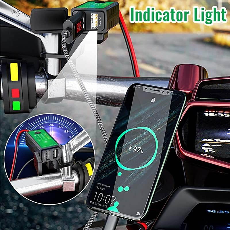 M2A Motorcycle USB Charger Kit Ring Terminal to 31Amp Dual USB Port Adapter with Voltmeter ONOff Switch3 Install Options Waterproof Quick Disconnect Plug for Smart Phone Tablet GPS Camera