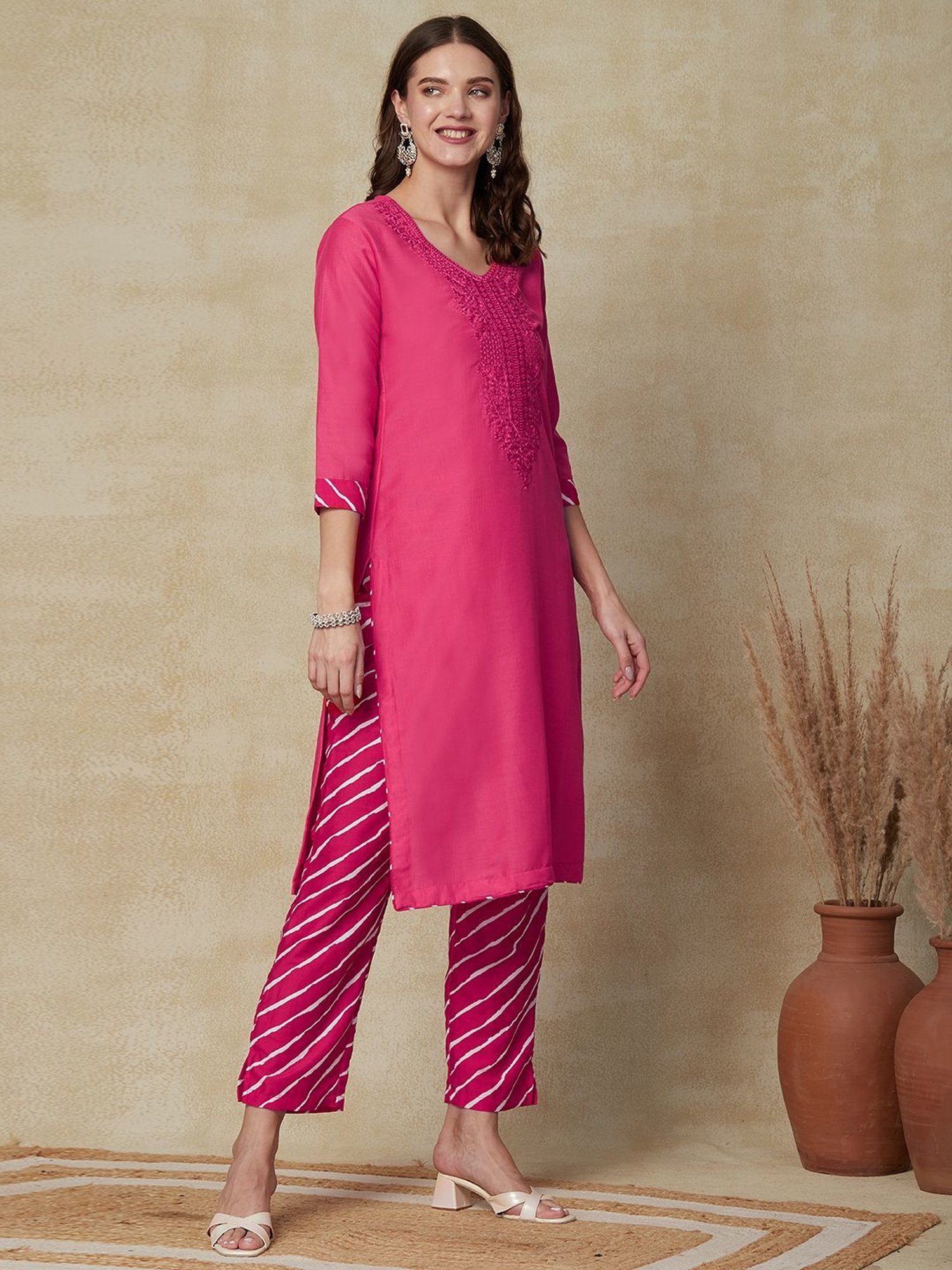 Fashor Pink Embroidered Kurta Pant Set