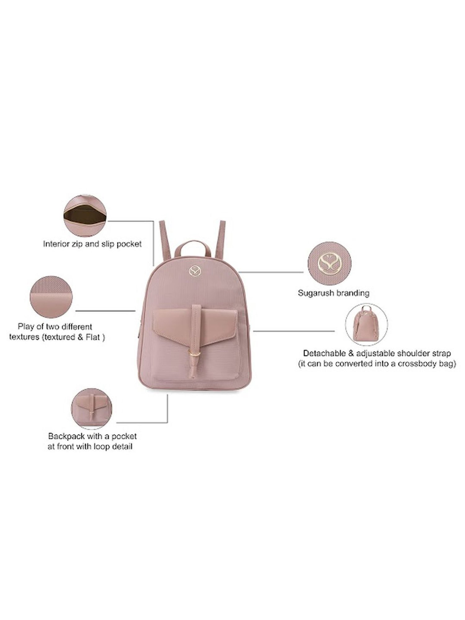 Sugarush Arne Pink PU Textured Backpack - 8.7 Ltrs