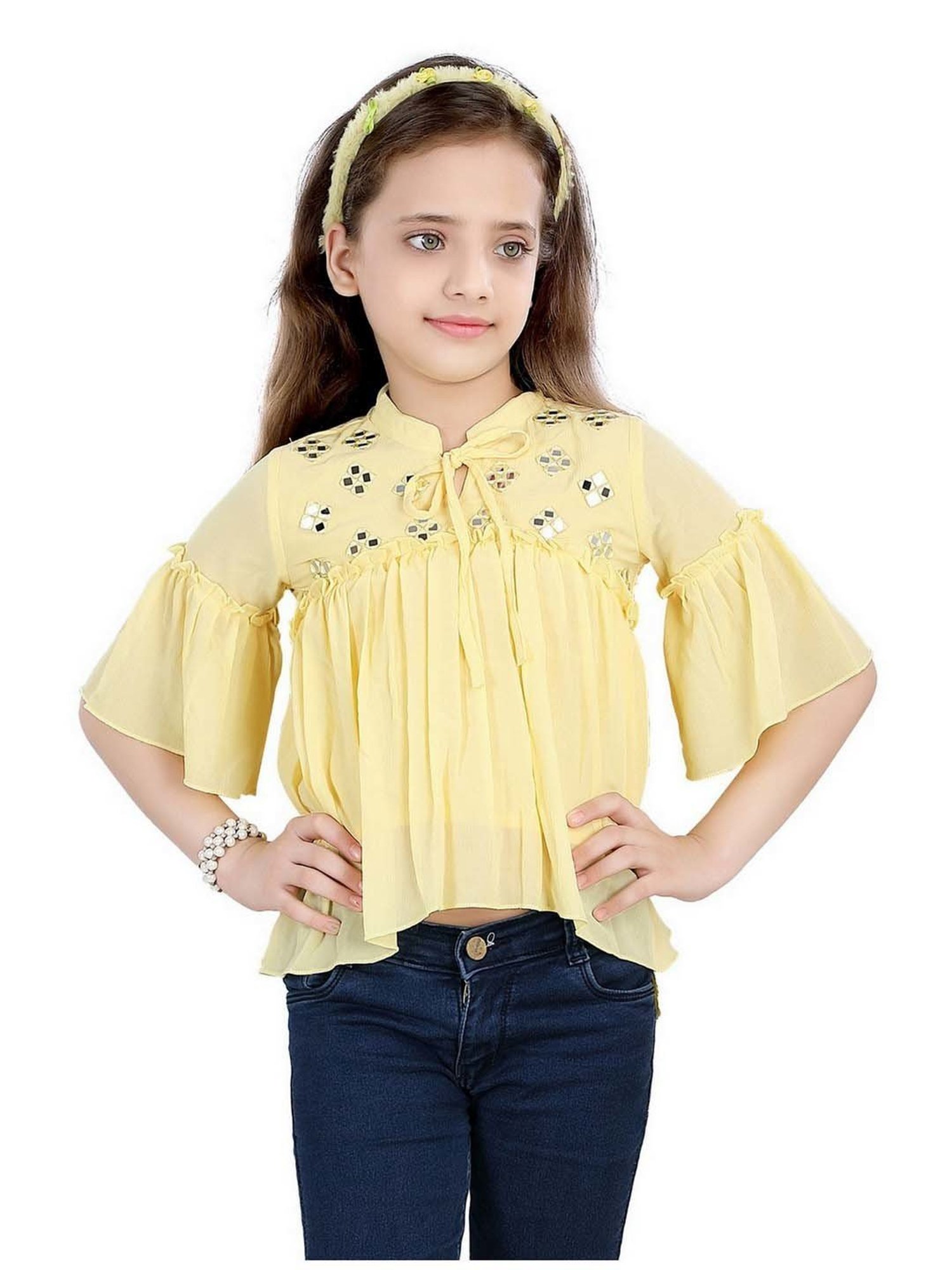 poplins Kids Yellow Cotton Embellished Top