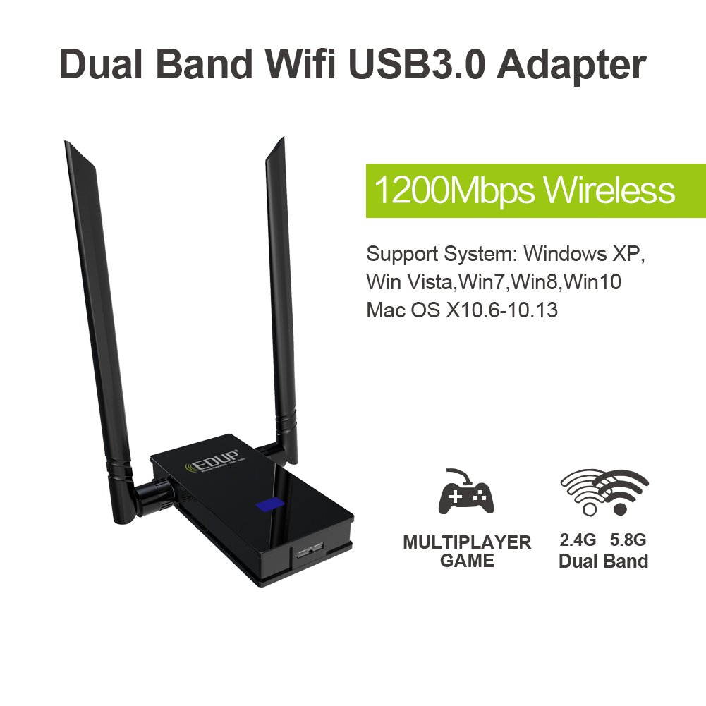 Wifi Adapter, EDUP USB 3.0 Wireless Adapter 802.11AC 1200Mbps Dual Band with 5G 867Mbps/2.4G 300Mbps 6Dbi External Dual Antennas Supports Windows XP,Win Vista,Win 7,Win 8.1, Win 10,Mac OS X 10.6-10.13