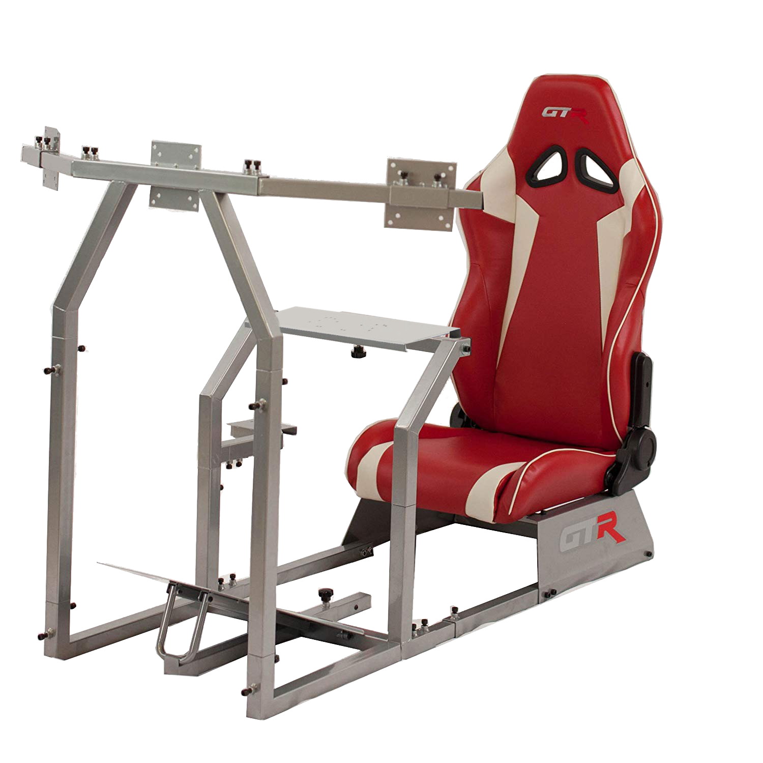GTR Racing Simulator GTAF-S-S105LBKRD - GTA-F Model (Silver) Triple or Single Monitor Stand with Black/Red Adjustable Leatherette Seat, Racing Simulator Cockpit gaming chair Single Monitor Stand