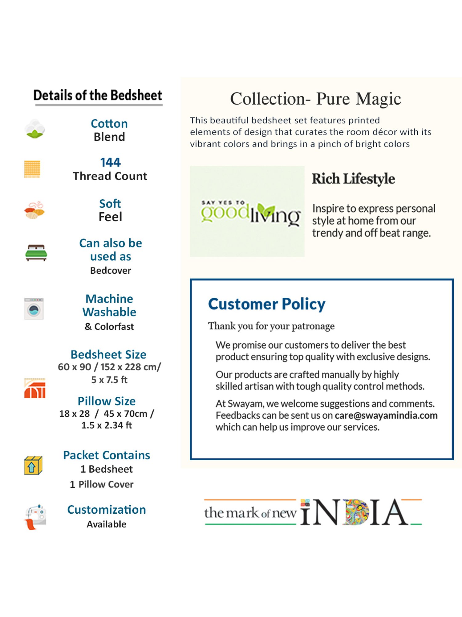 Swayam Pure Magic White & Green Cotton 144 TC Bed Sheet with 2 Pillow Covers