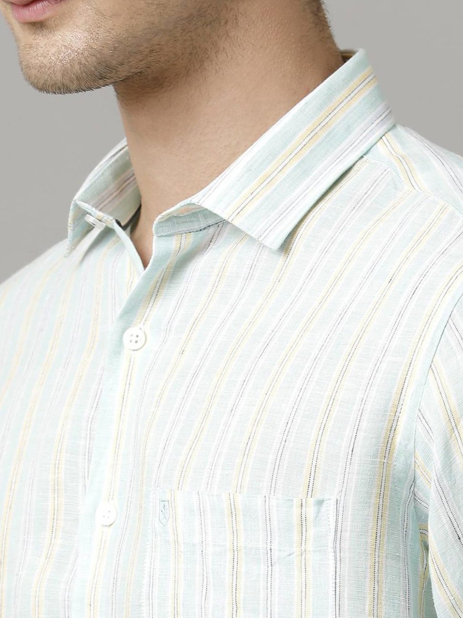 Linen Club Green Linen Contemporary Fit Striped Shirt