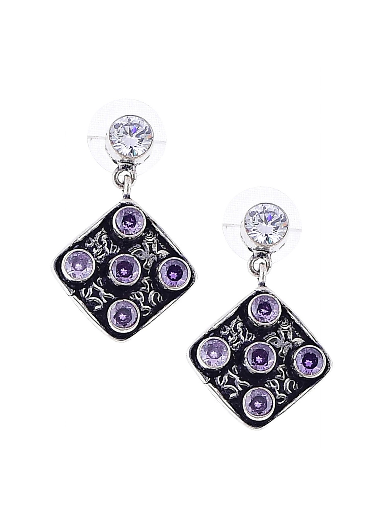 Imli Street Purple Silver Tone Stone-Studded Handcrafted Dangler Earrings