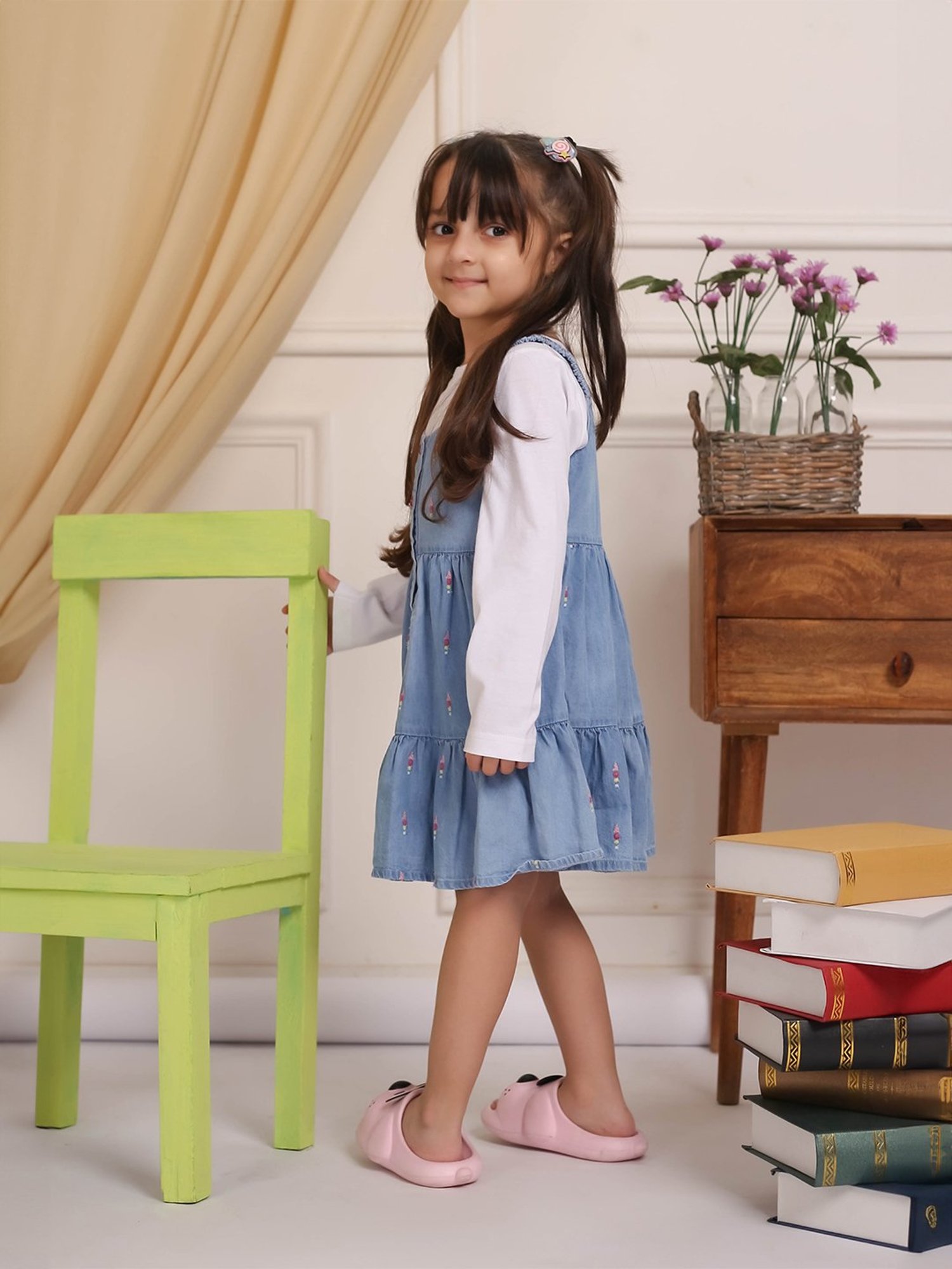 Budding Bees Girls Blue & White Embroidered Full Sleeves T-Shirt with Dungaree Dress