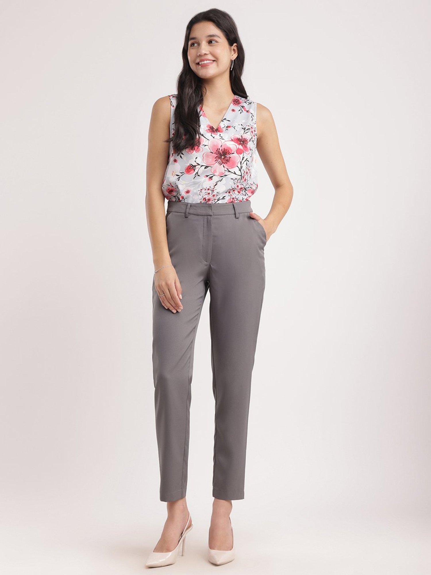 Fablestreet Grey Polyester Relaxed Fit Mid Rise Trousers