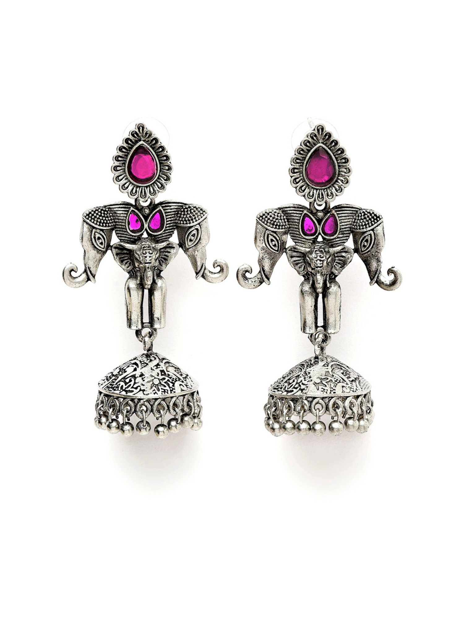 Karatcart Elephant Design Oxidised Silver Red Stone Flat Jhumki Earrings for Women
