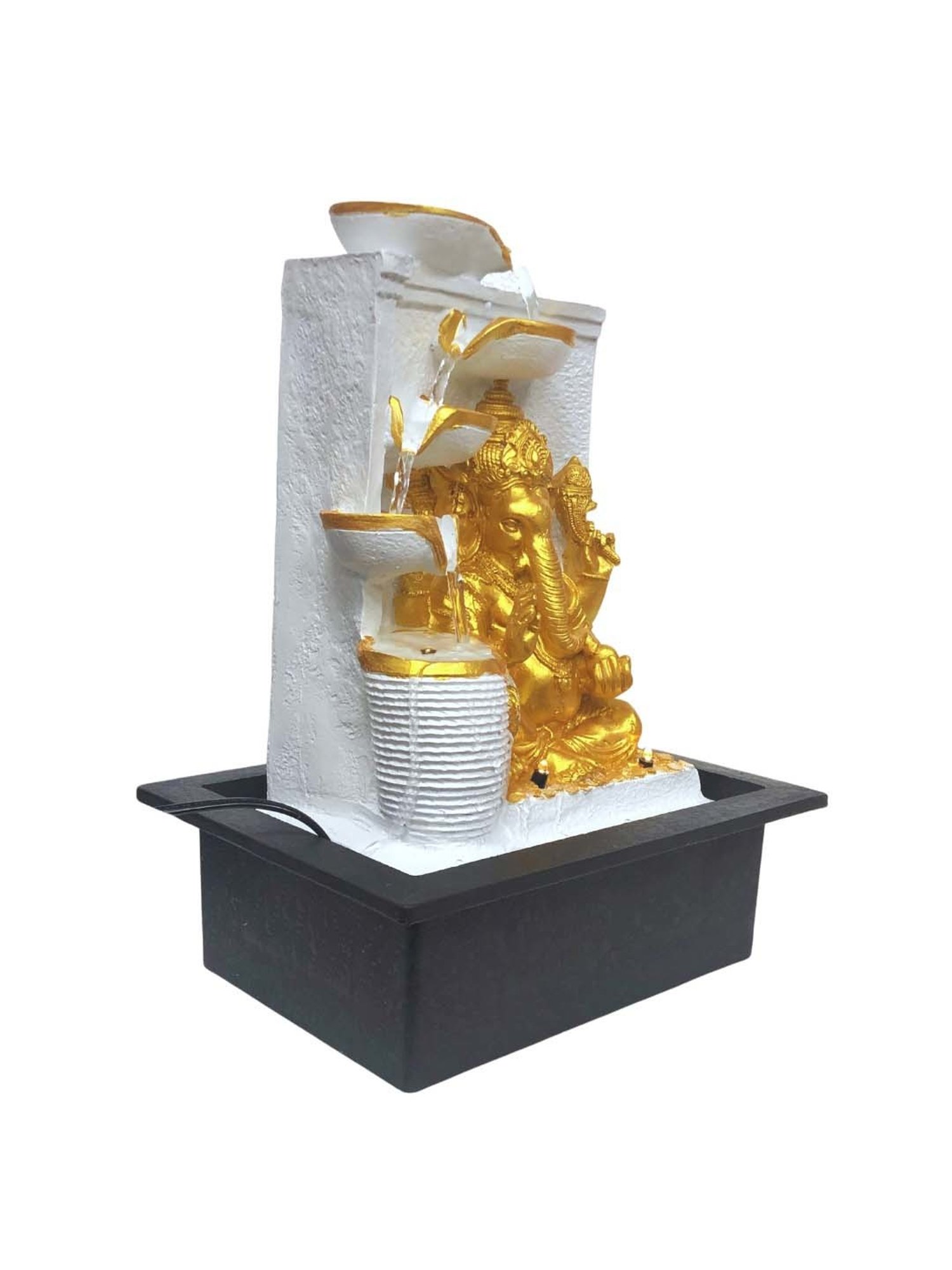 CHRONIKLE White & Gold Polyresin Ganesha Idol 4 Steps Waterfall Fountain