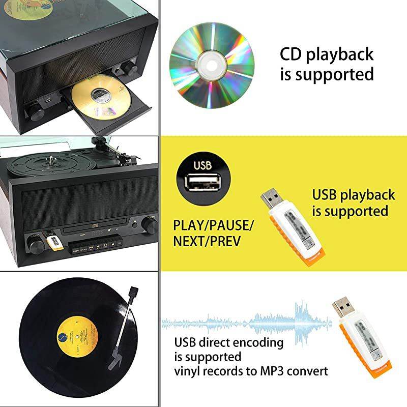 Turntable Music Center with Builtin Stereo SpeakersNostalgic Classic Wood Bluetooth Record Player with USB PlayampEncodingCD Player and FM Radio
