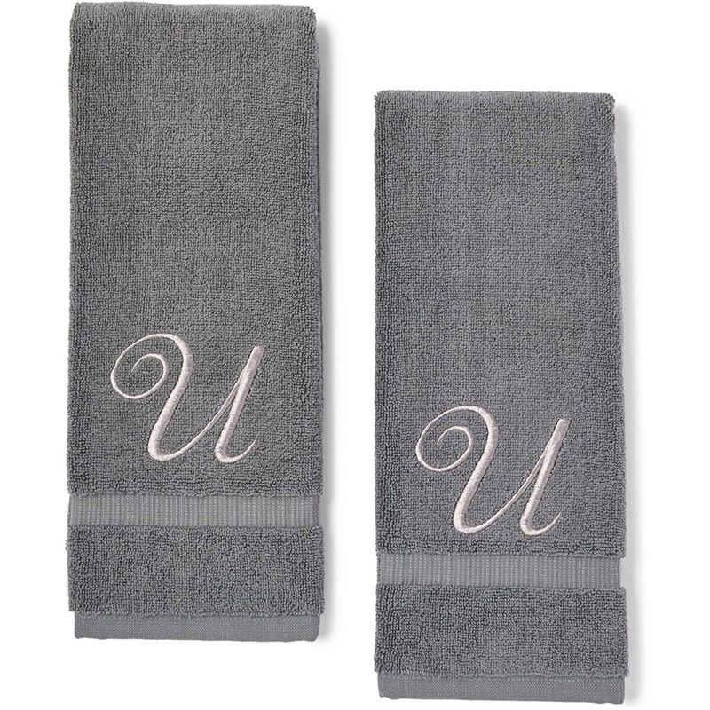 Juvale 2 Pack Monogrammed Hand Towels, Letter U Embroidered Gift (16 x 30 in, Grey)