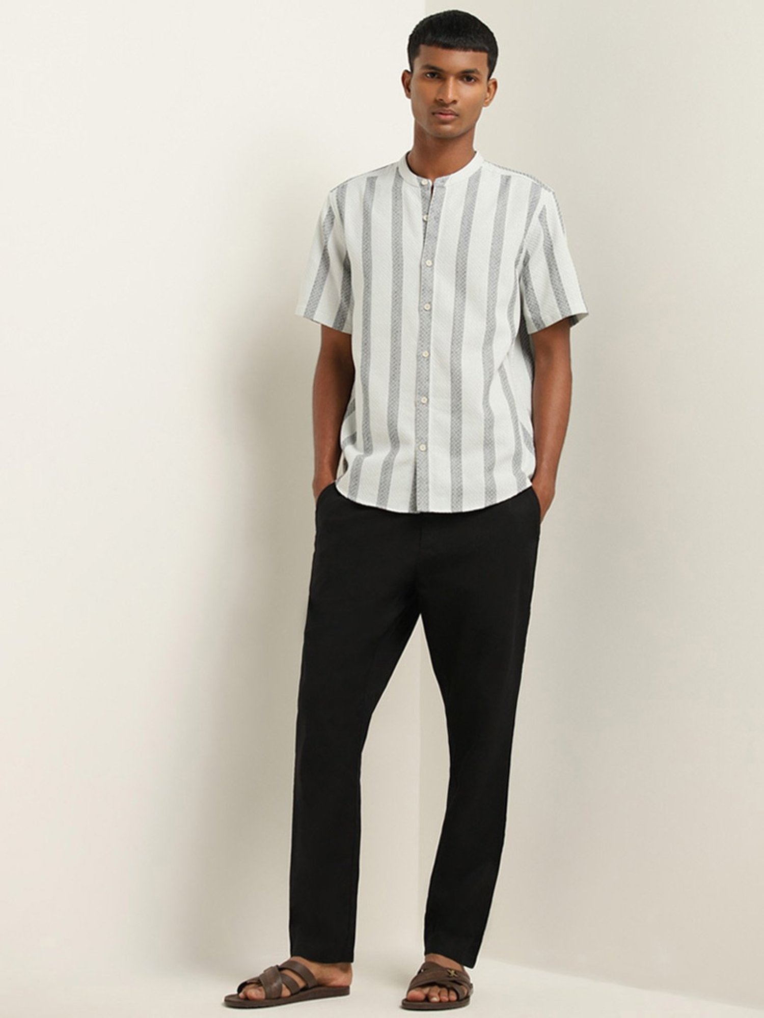 ETA by Westside Grey Striped Design Resort-Fit Cotton Shirt