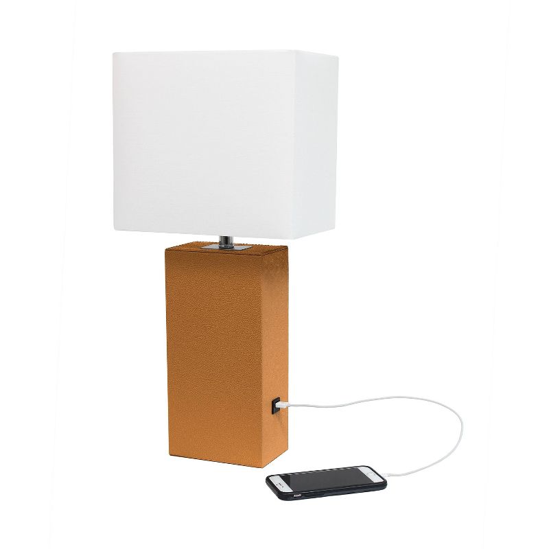 Modern Leather Table Lamp with USB and Fabric Shade Tan - Elegant Designs