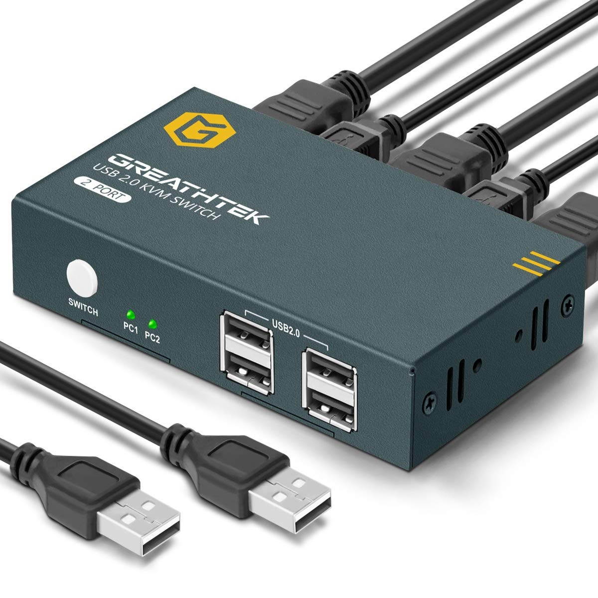 GREATHTEK HDMI KVM Switch USB 2 Port 4K USB2.0 4K @30Hz KVM Switch 2 PC 1 Monitor Ultra HD with 2 USB and 2 HDMI Cables Support Wireless Keyboard and Mouse
