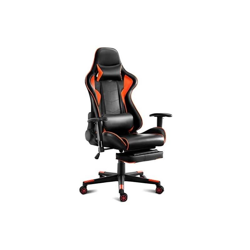 Computer Gaming Chair, Adjustable Massage Gaming Chair w/Footrest and Adjustable Armrests, Ergonomic High Back Racing Chair, Executive Swivel Desk Office Chair with Massage Lumbar (Orange)