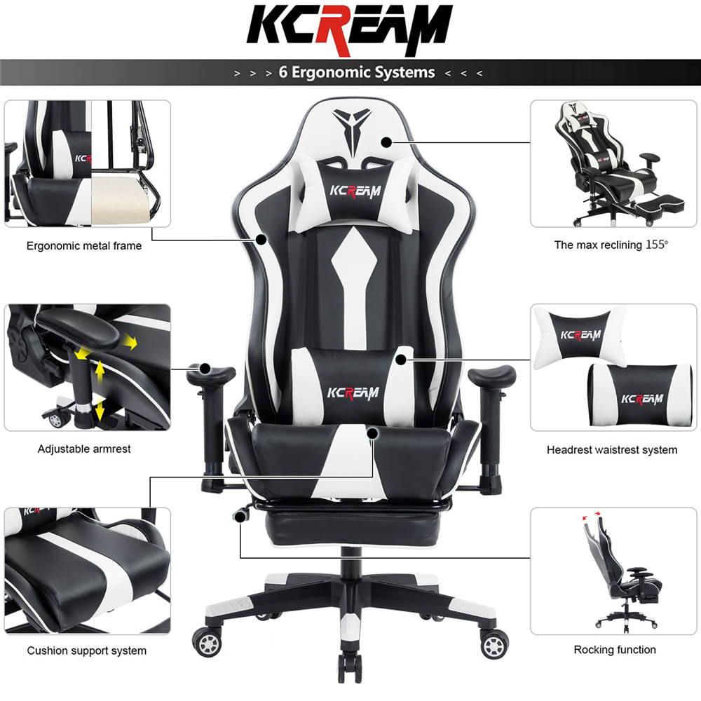 KCREAM Gaming Chair,Ergonomic Racing Office Computer Chair Adjustable Headrest and Lumbar Pillows PVC Leather High-Back Professional Gamer Chair with Footrest