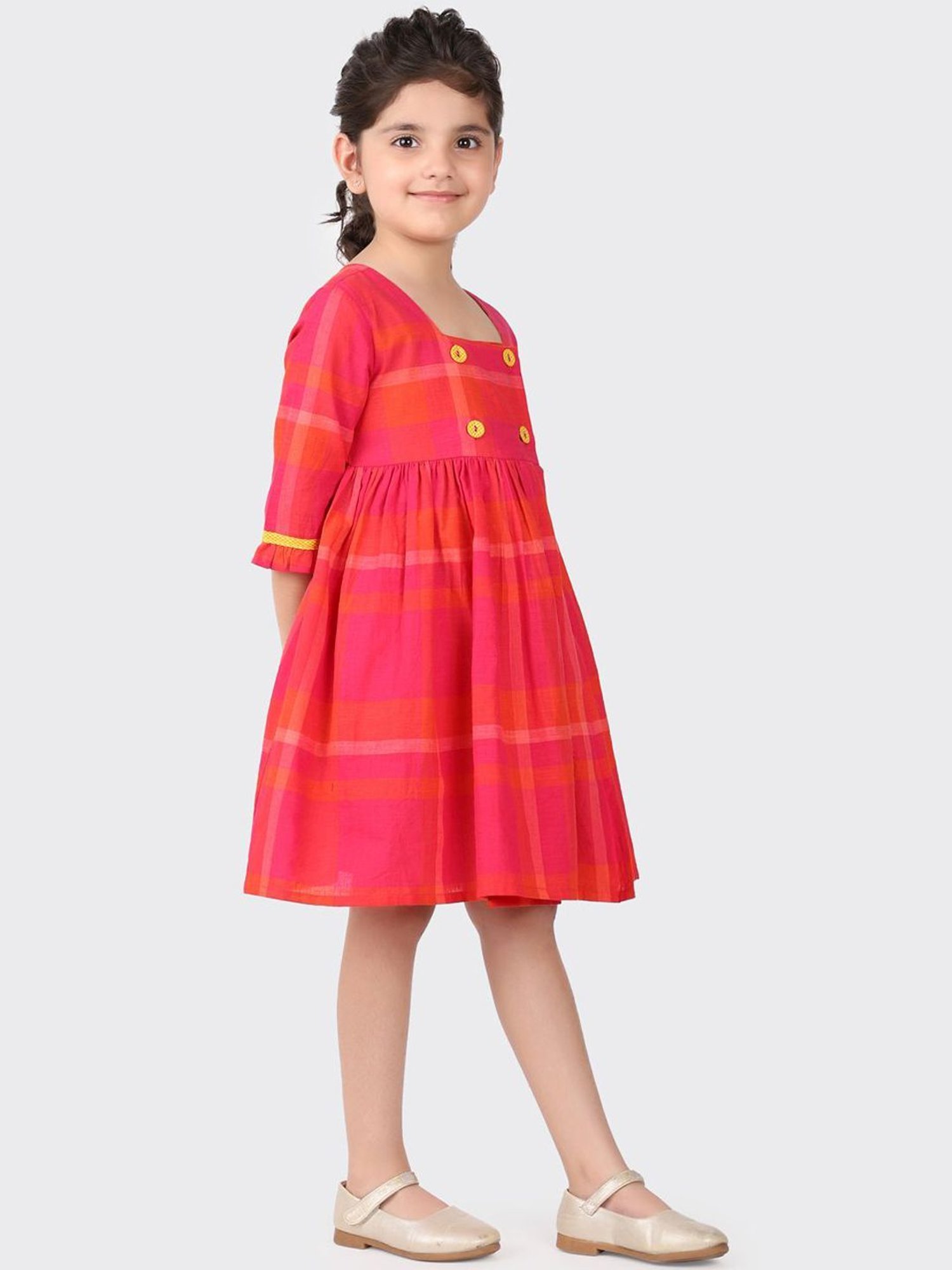 Fabindia Kids Red Cotton Chequered Dress