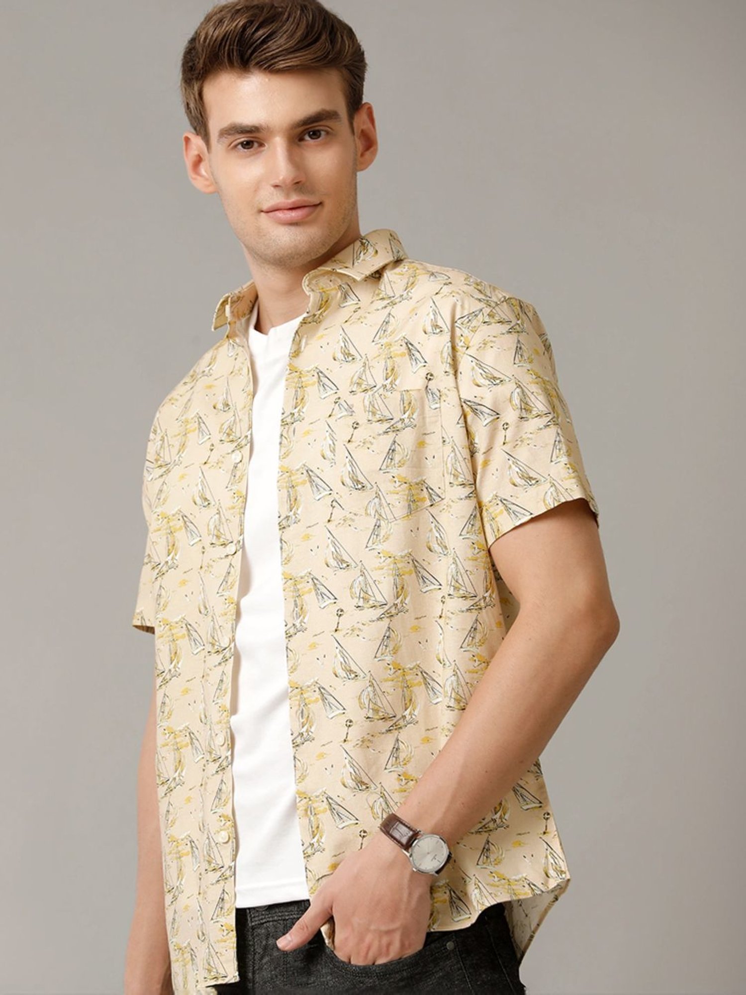 Cavallo By Linen Club Yellow Linen Contemporary Fit Printed Shirt