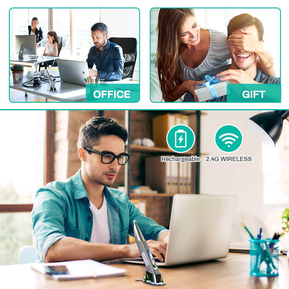 2.4G Wireless Optical Pen Mouse, Pocket Rechargeable Handwriting Mice with UCB-C & Micro-USB Adapter for Right and Left Hand 1600 DPI Ergonomic RGB Backlit Pen Mice for PC Notebook Mac