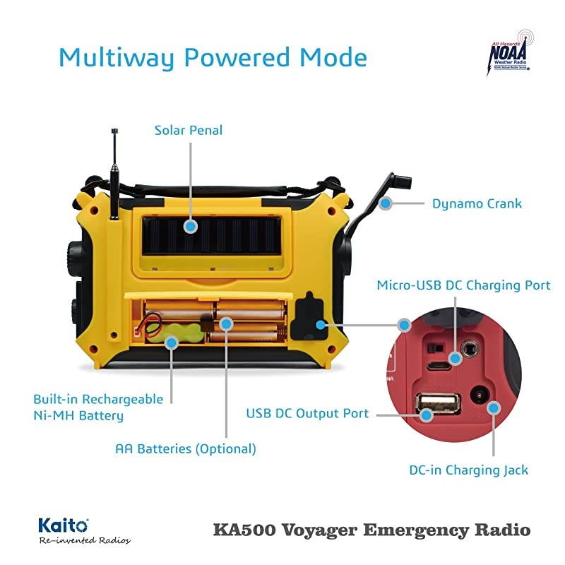 KA500 5way Powered Solar PowerDynamo Crank Wind Up Emergency AMFMSWNOAA Weather Alert Radio with FlashlightReading Lamp and Cellphone Charger Yellow