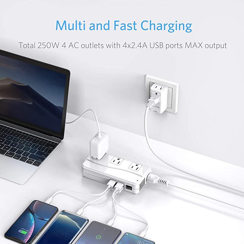 Universal Travel Adapter 250W 220V to 110V Voltage Converter with 8 Charging Ports International Travel Adapter Converter with Worldwide Plug Adapter for UKAUUSEUAsia ETL Listed