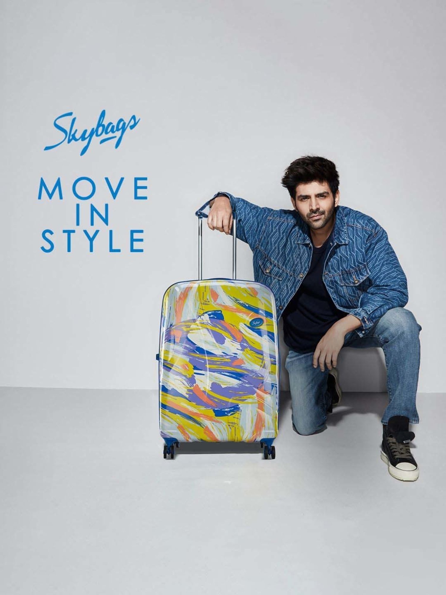 Skybags Abstract Yellow & Blue Printed Hard Medium Trolley Bag - 49 cm