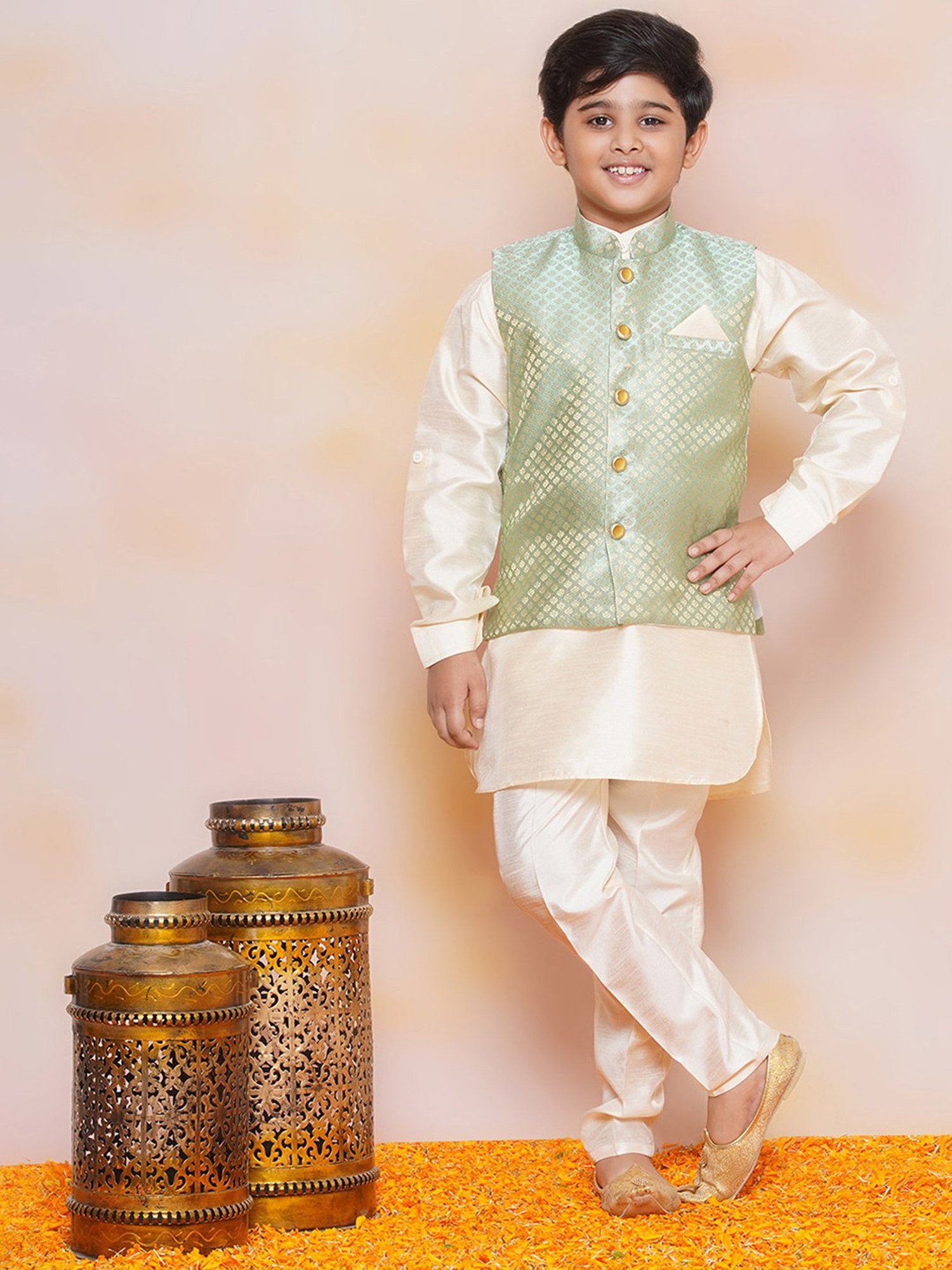 AJ Dezines Kids Green & White Printed Full Sleeves Kurta, Pyjamas with Waistcoat