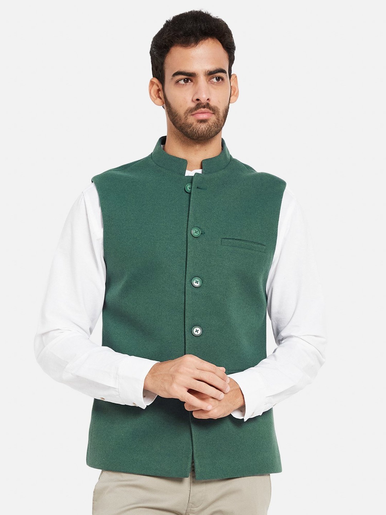 METTLE Teal Green Cotton Linen Regular Fit Nehru Jacket