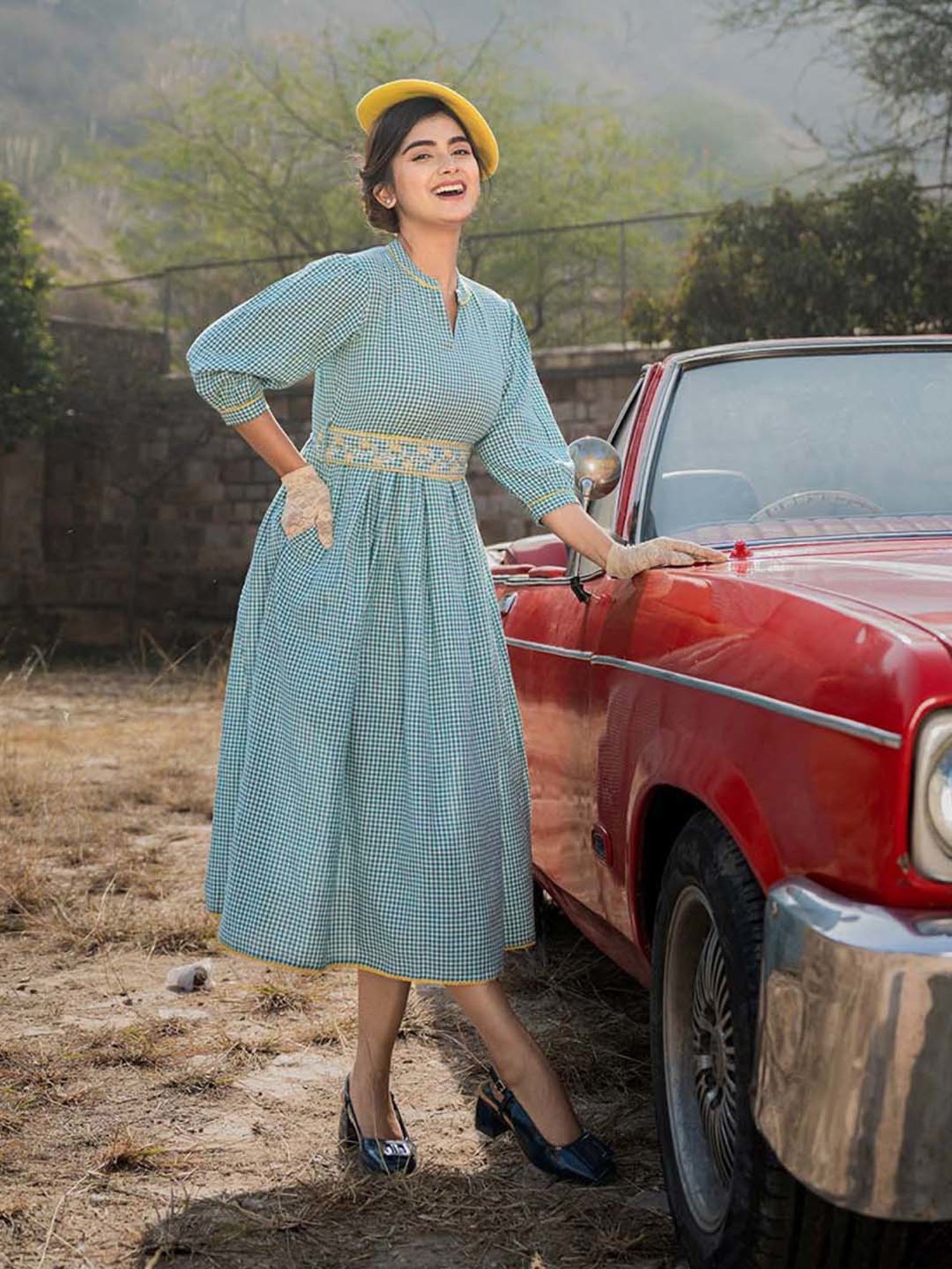 Yufta Teal Green Check Ethnic Dresses