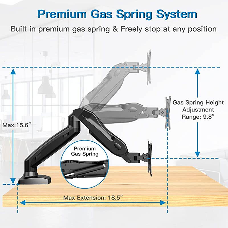 Monitor Mount Articulating Gas Spring Monitor Arm Adjustable VESA Mount Desk Stand with Clamp and Grommet Base Fits 17 to 27 Inch LCD Computer Monitors 44 to 143lbs
