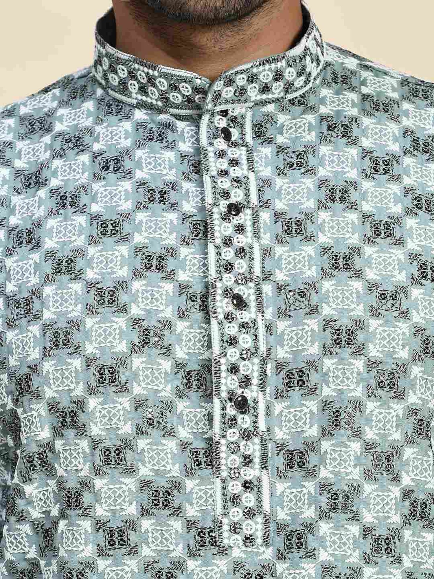 Pro-Ethic Style Developer Firozi & White Cotton Regular Fit Embellished Kurta Bottom Set