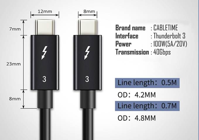 CABLETIME Thunderbolt 3 Cable(2.30ft/0.7m), 40Gpbs 100W 5A, Thunderbolt 3 Certified USB C Cable Compatible with New MacBook Pro, ThinkPad Yoga, Alienware 17 and More