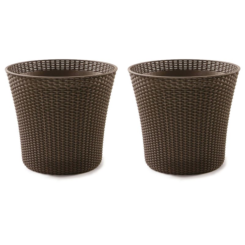 Keter 15 Gallon Indoor & Outdoor Round Conic Resin Wicker Flower Planter Pot with Drainage for Garden and House, Whiskey Brown (2 Pack)
