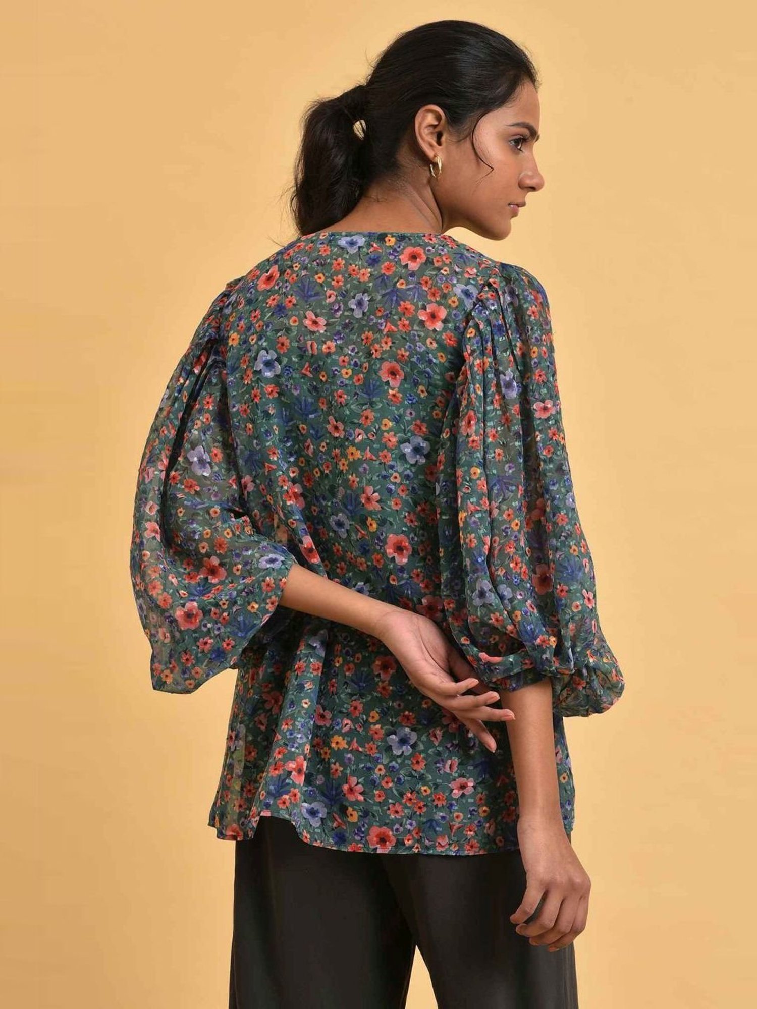 W Green Floral Print Top