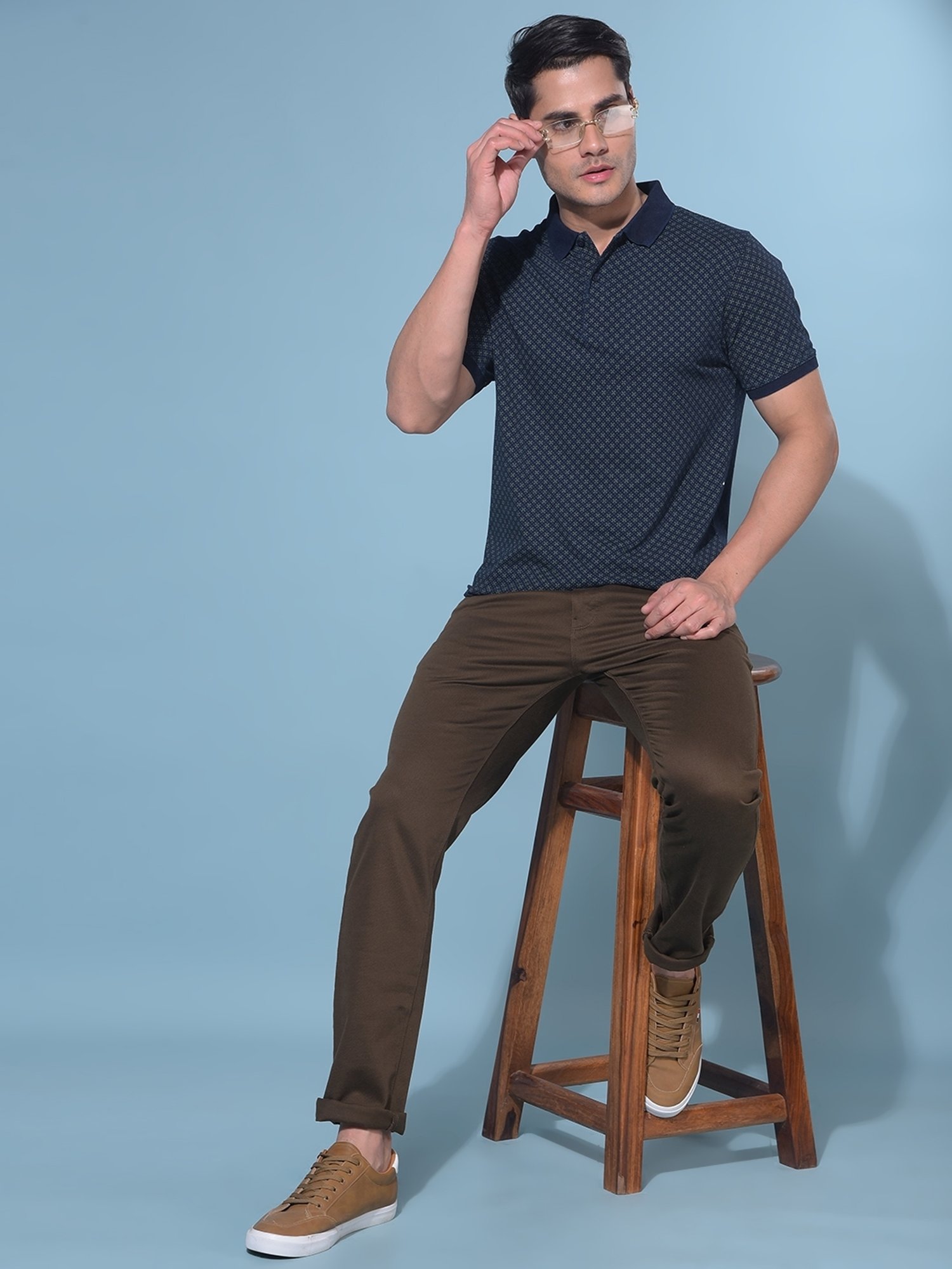 Crimsoune Club Navy Blue Cotton Slim Fit Printed Polo T-Shirt