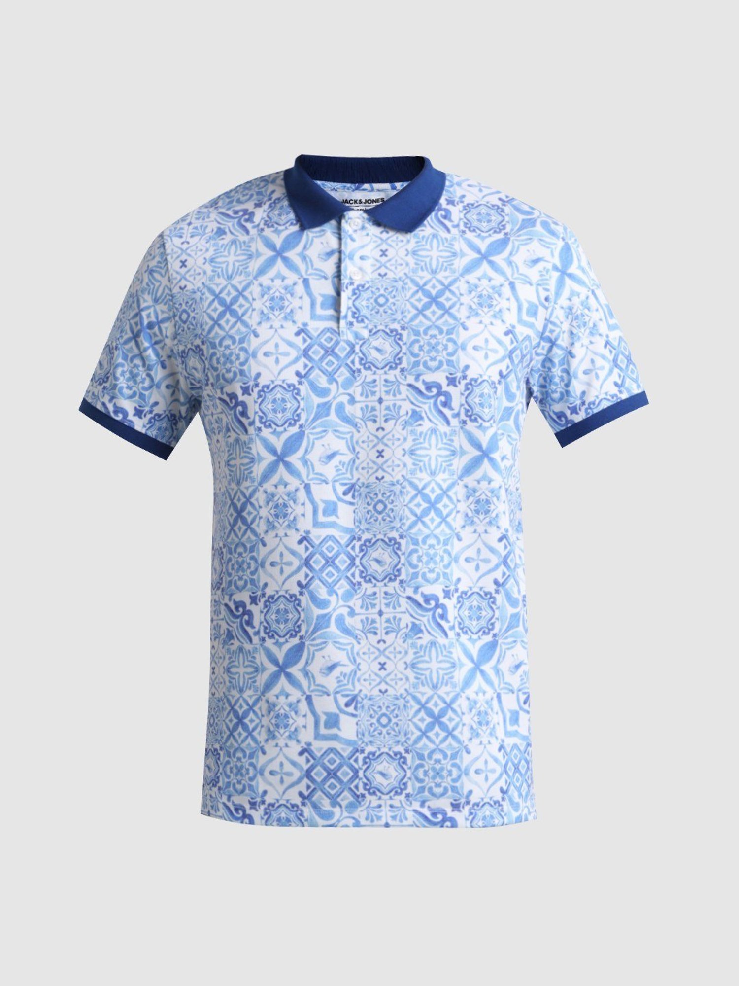 Jack & Jones Blue Ashes Cotton Regular Fit Printed Polo T-Shirt