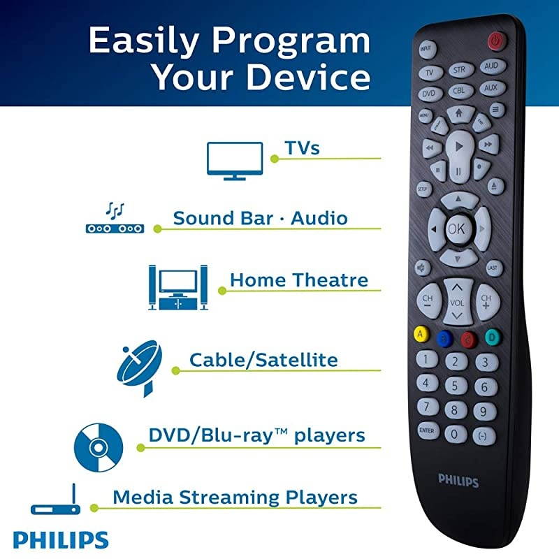 Backlit Universal Remote Control For Samsung, Vizio, LG, Sony, Sharp, Roku, Apple TV, RCA, Panasonic, Smart TVs, Streaming Players, Blu-ray, DVD, 6-Device, Black, SRP9368D/27