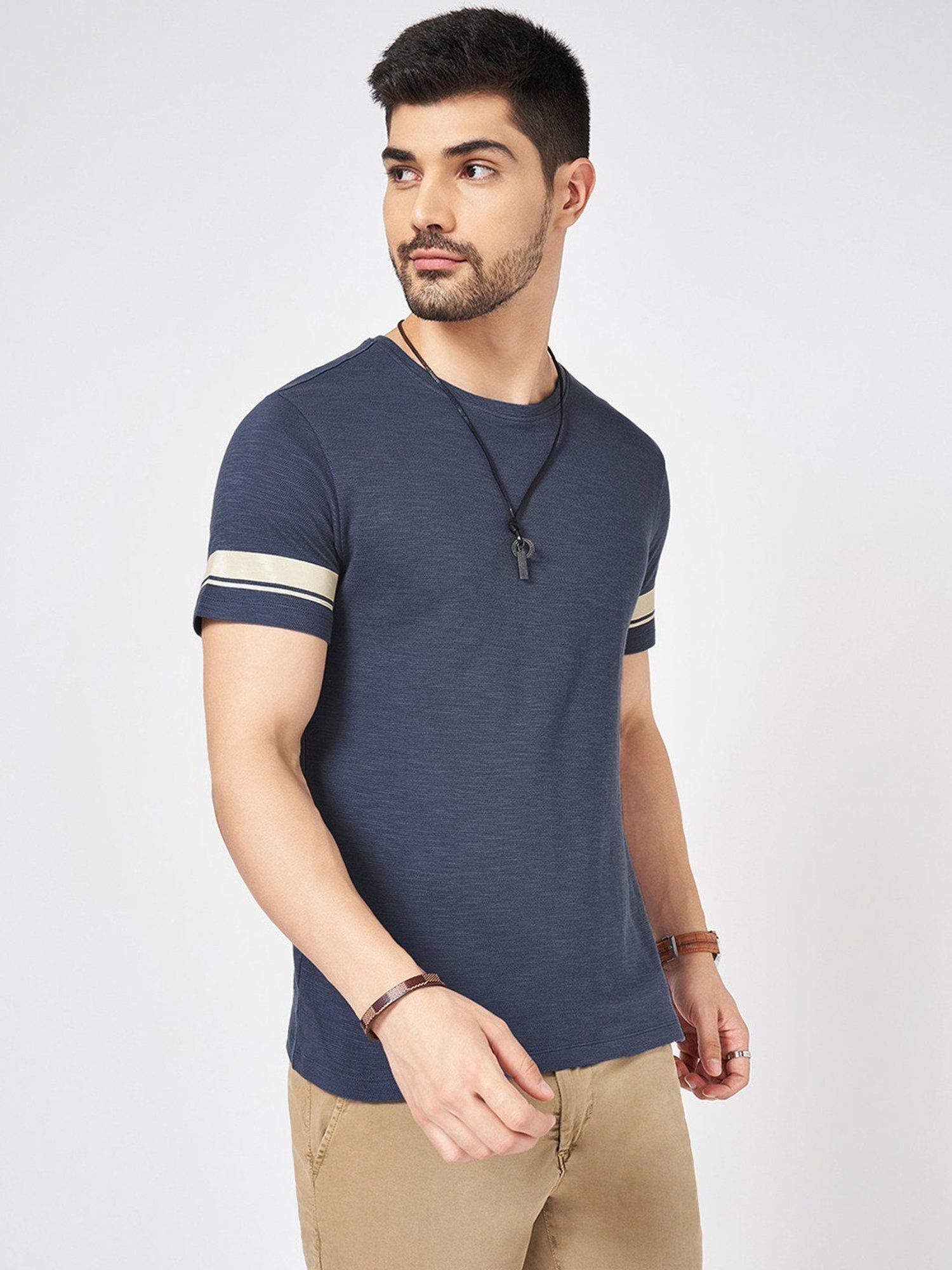 Urban Ranger By Pantaloons Blue Cotton Slim Fit Texture T-Shirt