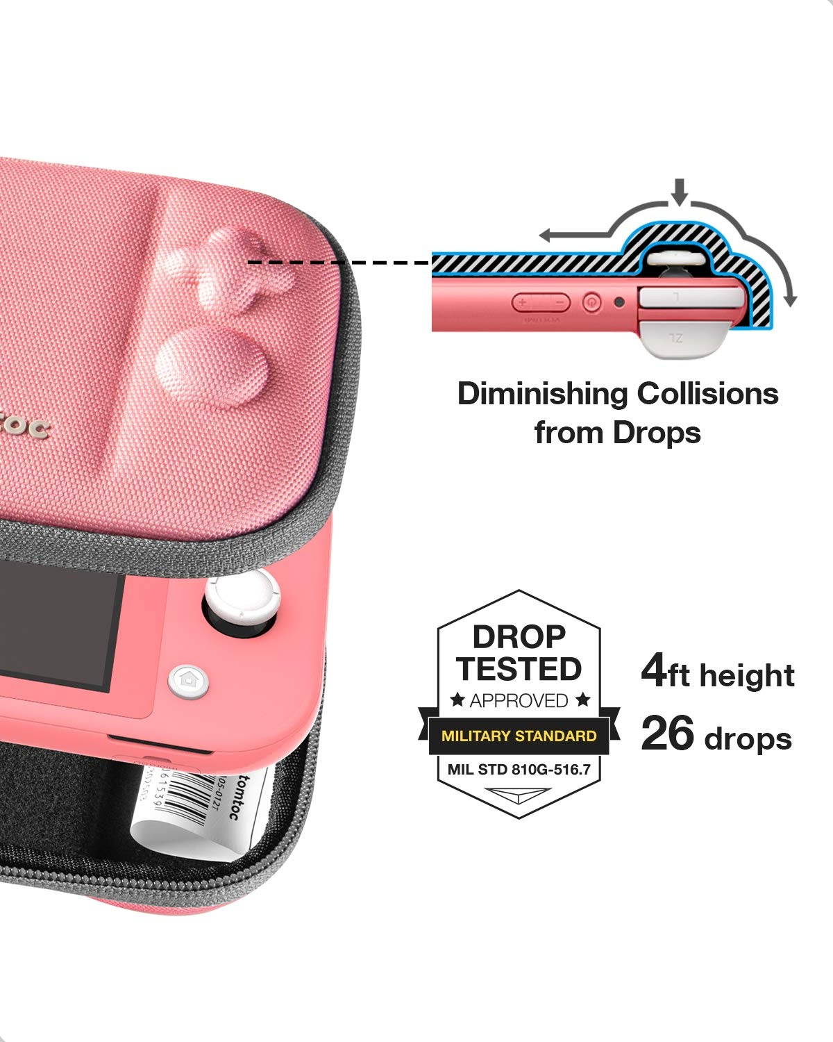 tomtoc Slim Carry Case for Nintendo Switch Lite, Protective Portable Carrying Cases with [Original Patent], Travel Storage Hard Shell with 8 Game Cartridges and Military Level Protection, Coral